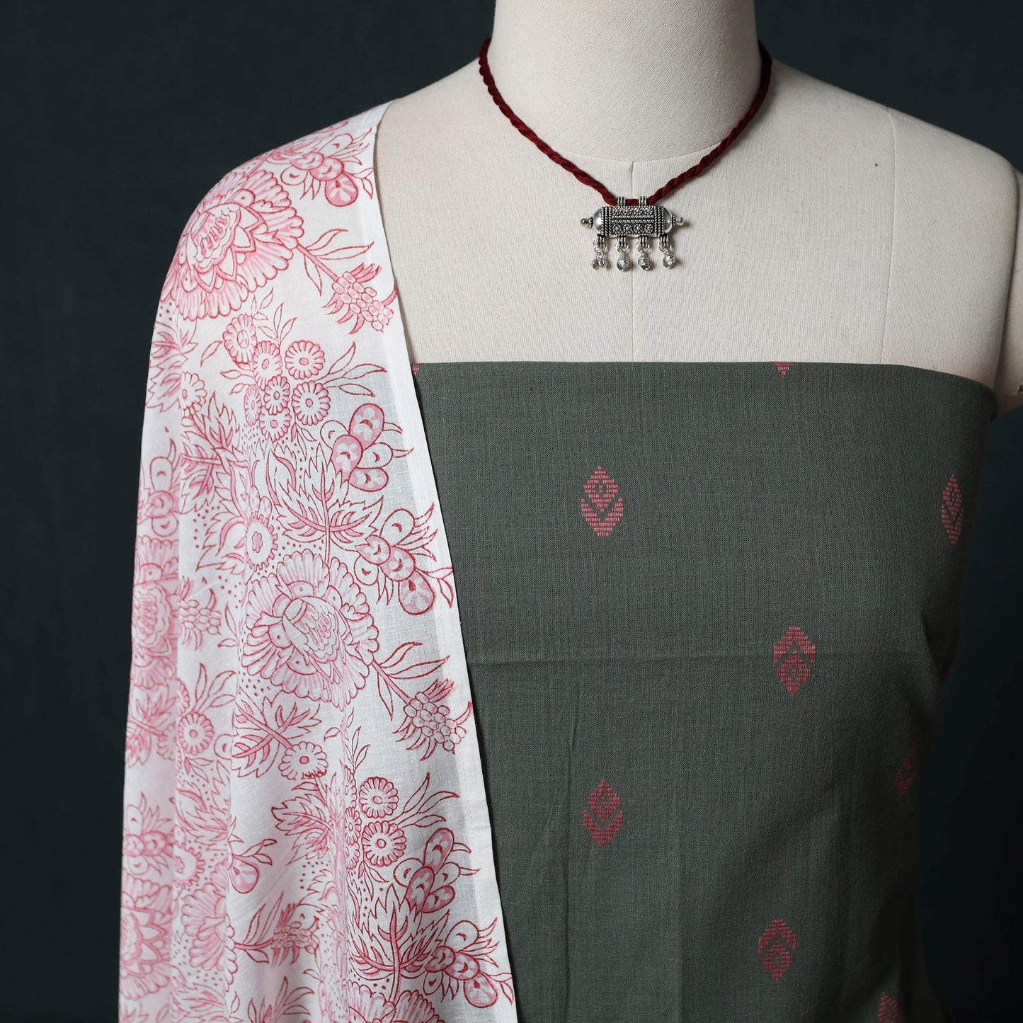 Grey - Jacquard Woven 2pc Cotton Unstitched Dress Material Kurta Set with Jewellery 25