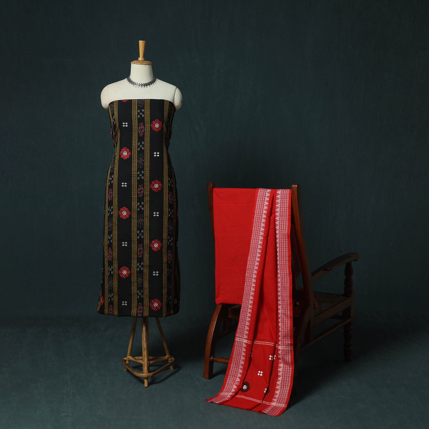 Black - Sambalpuri Ikat Embroidered Cotton 3pc Unstitched Dress Material Suit Set 03