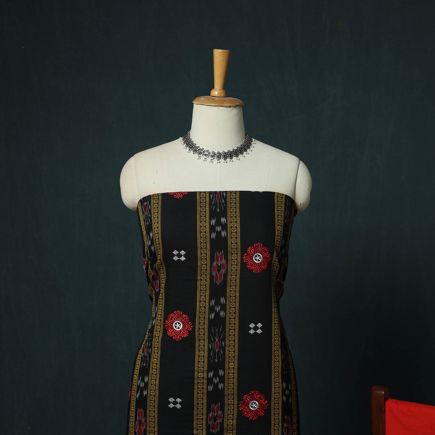 Black - Sambalpuri Ikat Embroidered Cotton 3pc Unstitched Dress Material Suit Set 03