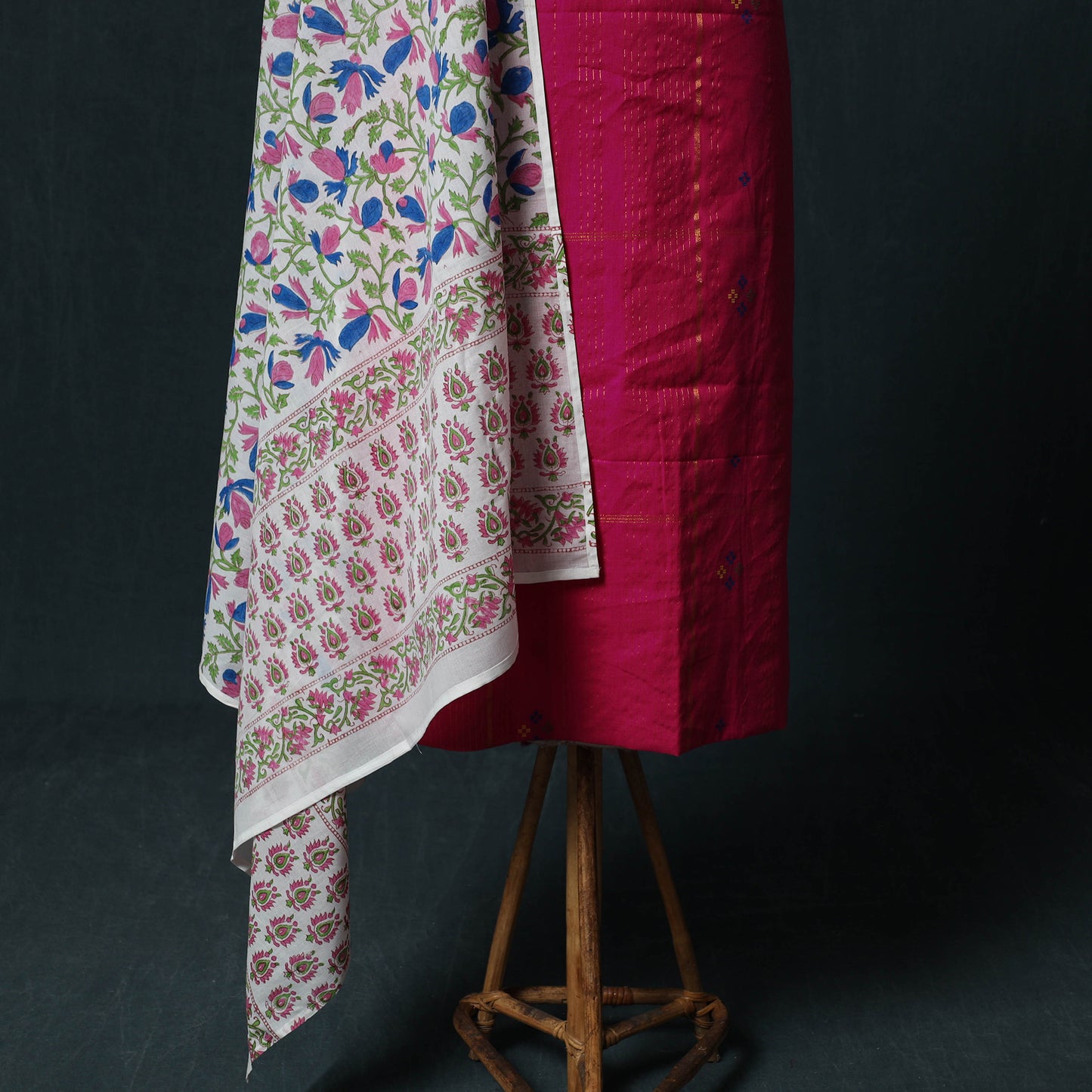 Pink - Jacquard Woven 2pc Cotton Unstitched Dress Material Kurta Set with Jewellery 26