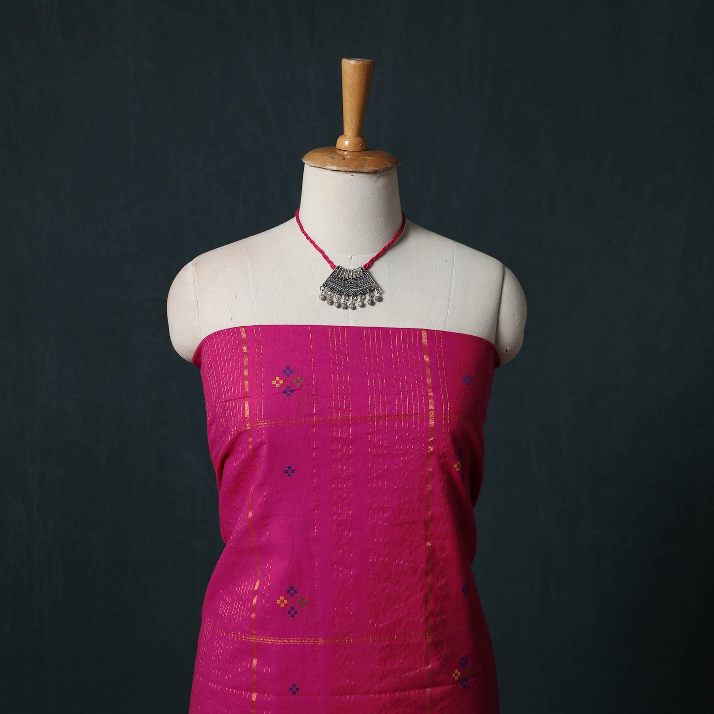 Pink - Jacquard Woven 2pc Cotton Unstitched Dress Material Kurta Set with Jewellery 26