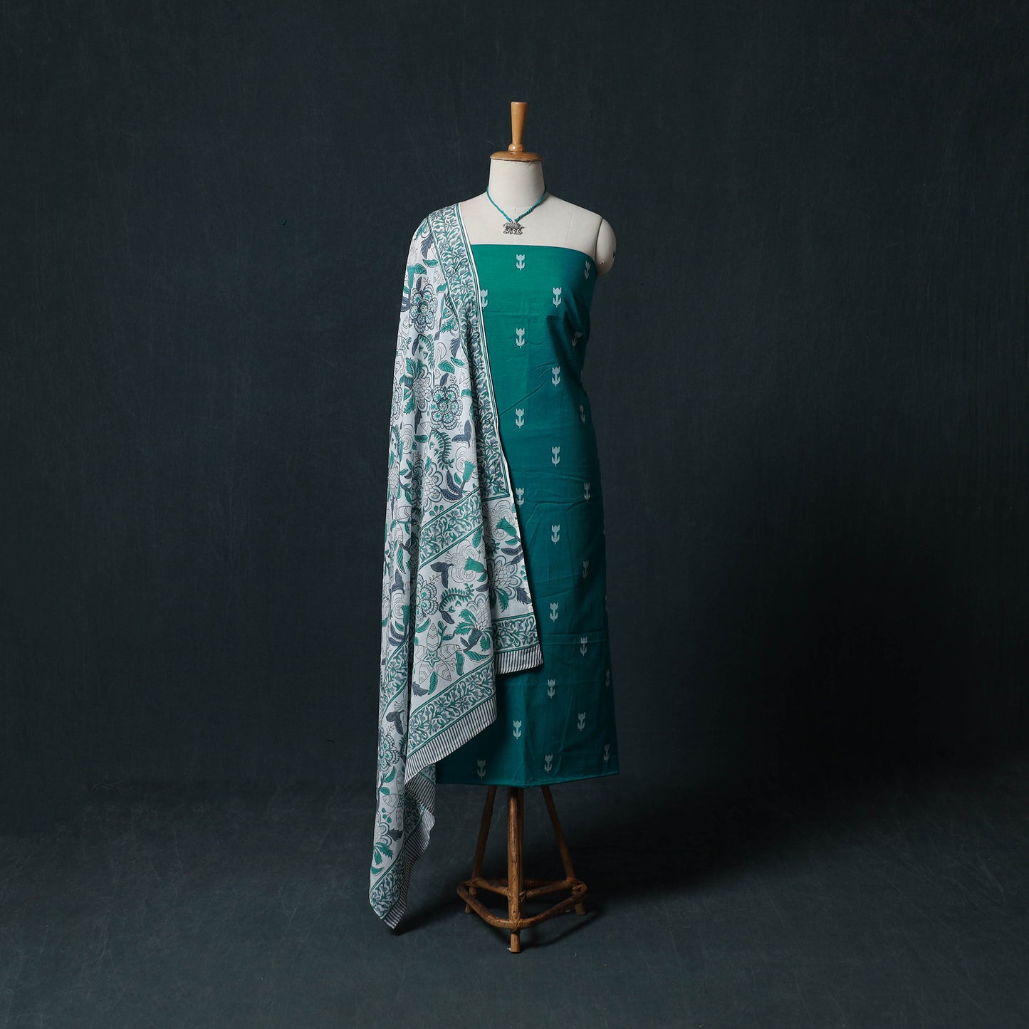 Blue - Jacquard Woven 2pc Cotton Unstitched Dress Material Kurta Set with Jewellery 27