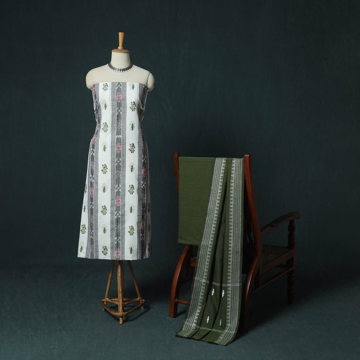 Sambalpuri Ikat Embroidered Cotton 3pc Unstitched Dress Material Suit Set 04
