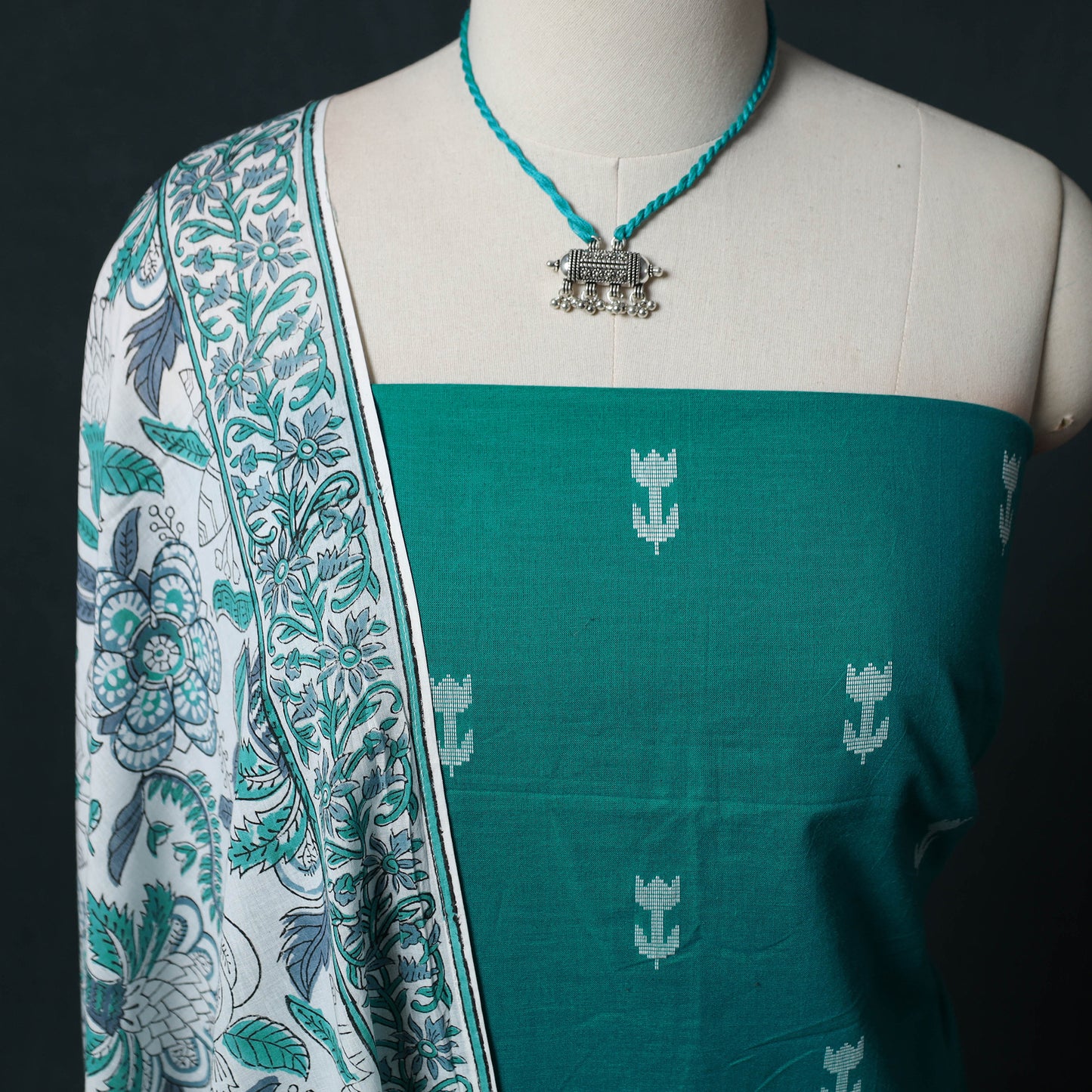 Blue - Jacquard Woven 2pc Cotton Unstitched Dress Material Kurta Set with Jewellery 27