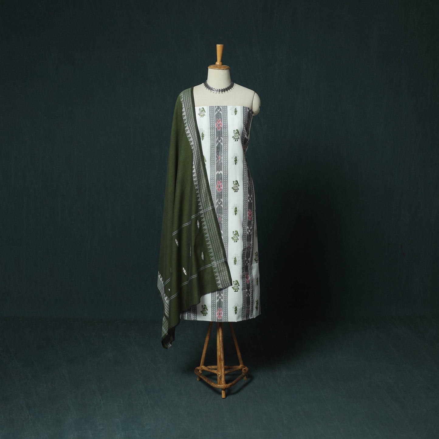 Sambalpuri Ikat Embroidered Cotton 3pc Unstitched Dress Material Suit Set 04