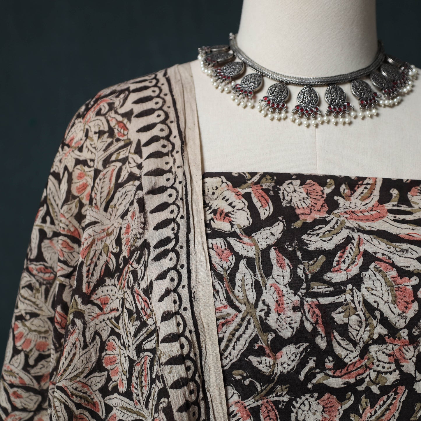 Beige - Kalamkari Hand Block Print Natural Dyed Cotton 2pc Unstitched Dress Material Kurta Set 15