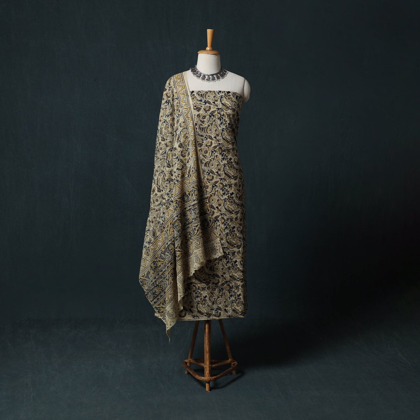 Beige - Kalamkari Hand Block Print Natural Dyed Cotton 2pc Unstitched Dress Material Kurta Set 16