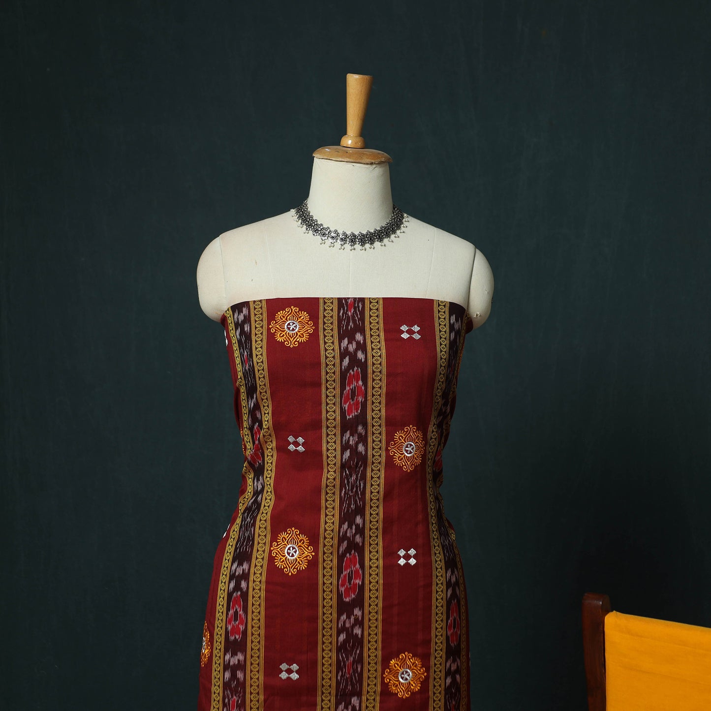Maroon - Sambalpuri Ikat Embroidered Cotton 3pc Unstitched Dress Material Suit Set 09