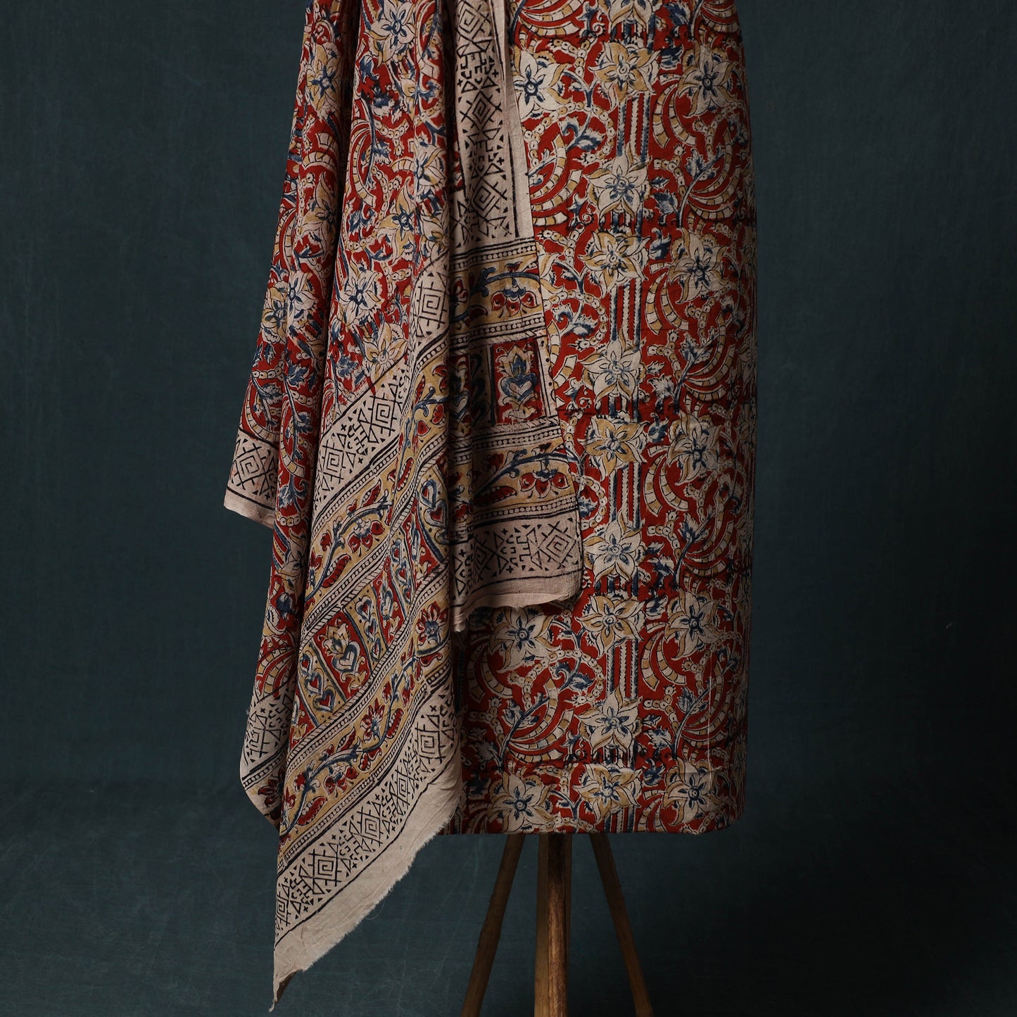 Red - Kalamkari Hand Block Print Natural Dyed Cotton 2pc Unstitched Dress Material Kurta Set 19