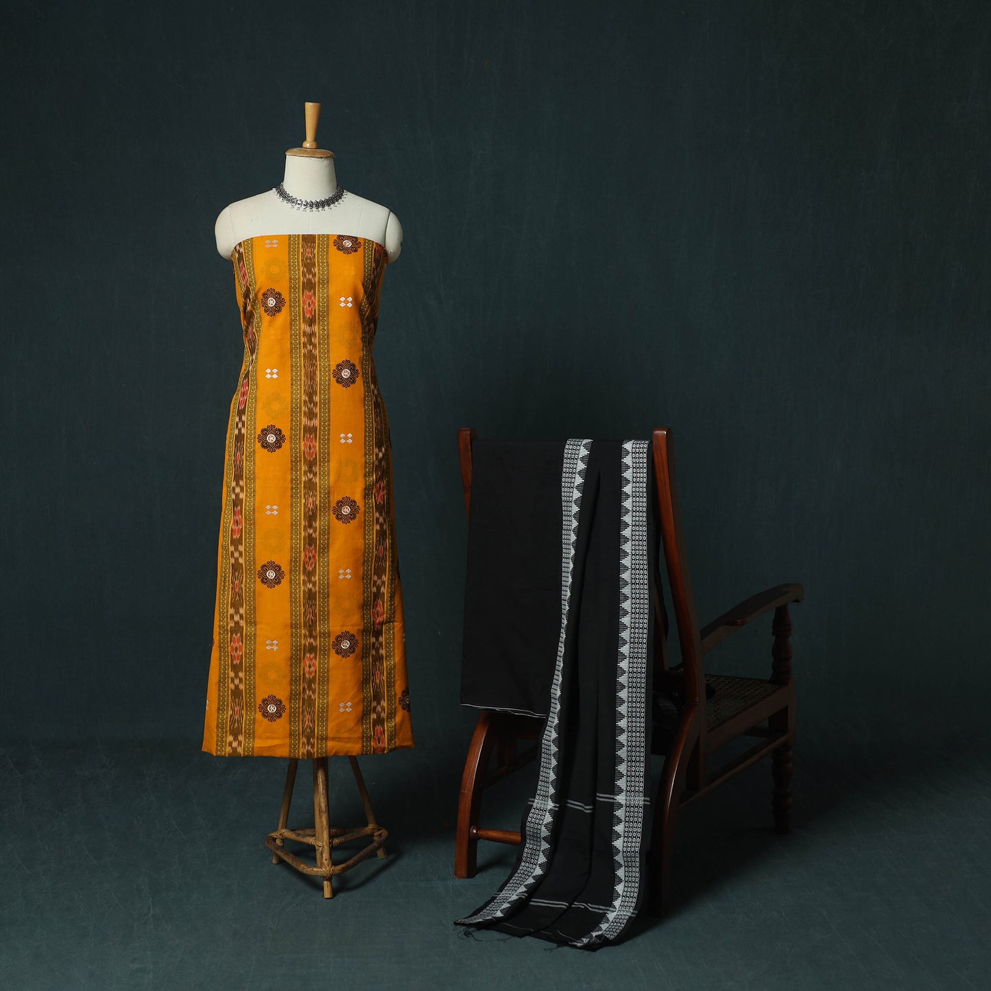 Yellow - Sambalpuri Ikat Embroidered Cotton 3pc Unstitched Dress Material Suit Set 10
