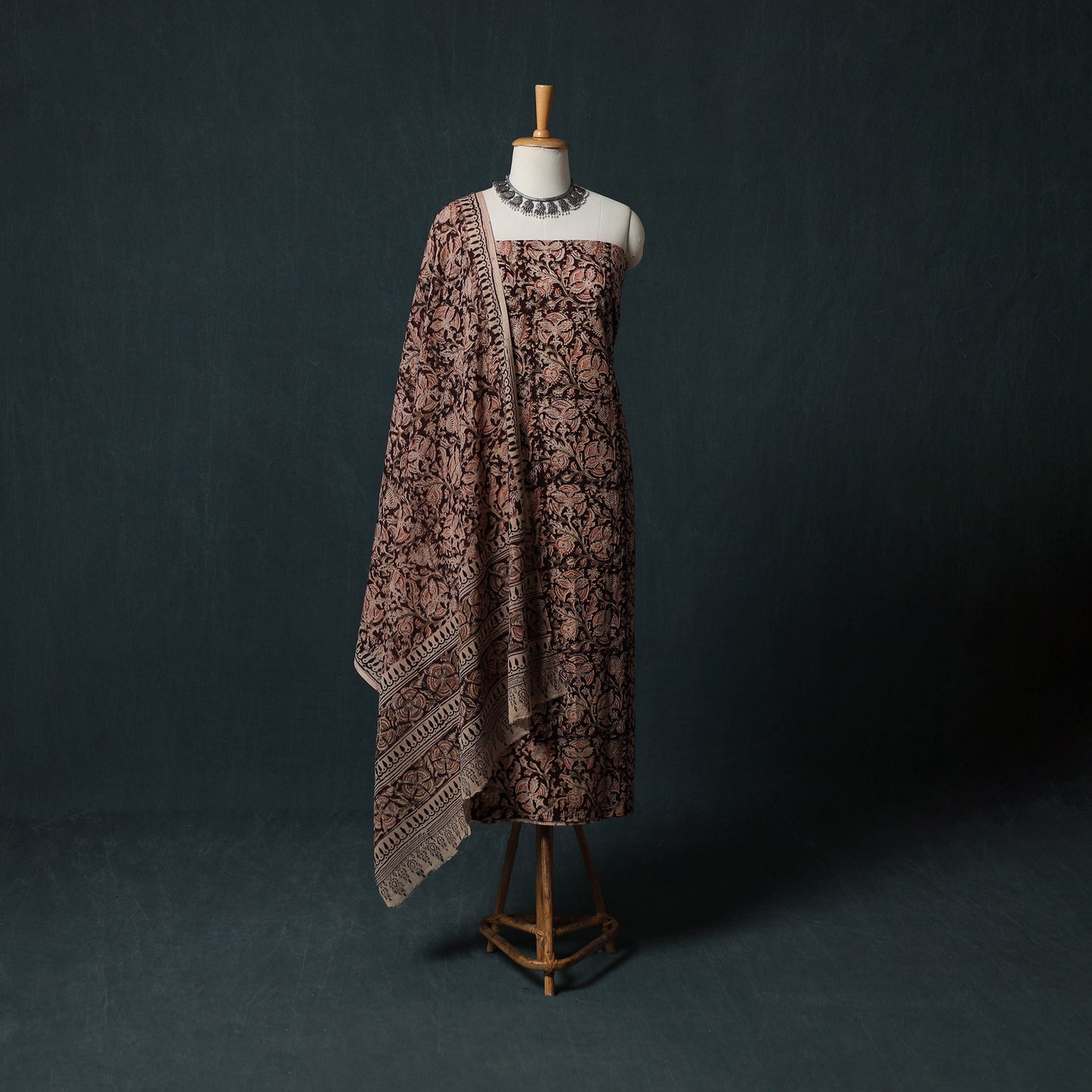 Brown - Kalamkari Hand Block Print Natural Dyed Cotton 2pc Unstitched Dress Material Kurta Set 20