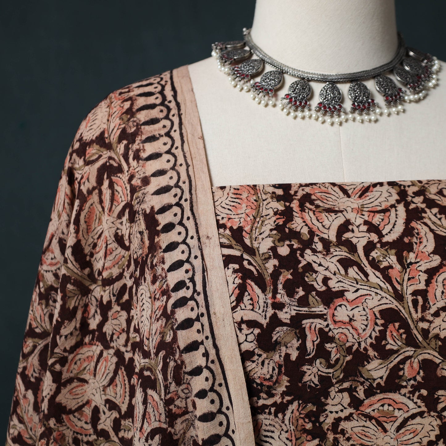 Brown - Kalamkari Hand Block Print Natural Dyed Cotton 2pc Unstitched Dress Material Kurta Set 20