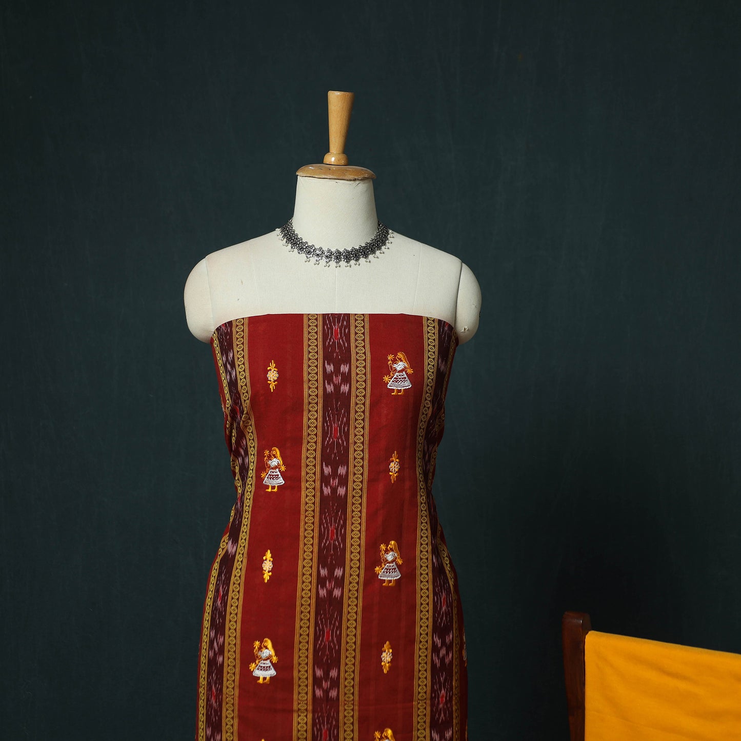 Maroon - Sambalpuri Ikat Embroidered Cotton 3pc Unstitched Dress Material Suit Set 11