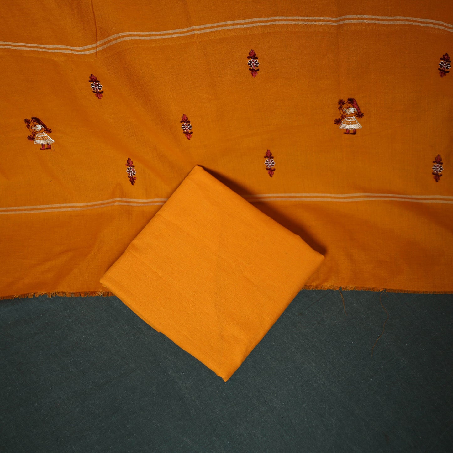 Maroon - Sambalpuri Ikat Embroidered Cotton 3pc Unstitched Dress Material Suit Set 11