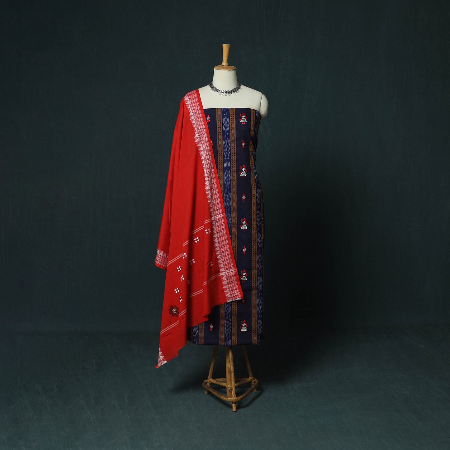 Blue - Sambalpuri Ikat Embroidered Cotton 3pc Unstitched Dress Material Suit Set 12