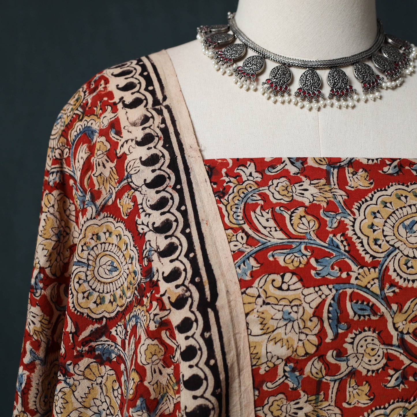 Red - Kalamkari Hand Block Print Natural Dyed Cotton 2pc Unstitched Dress Material Kurta Set 21