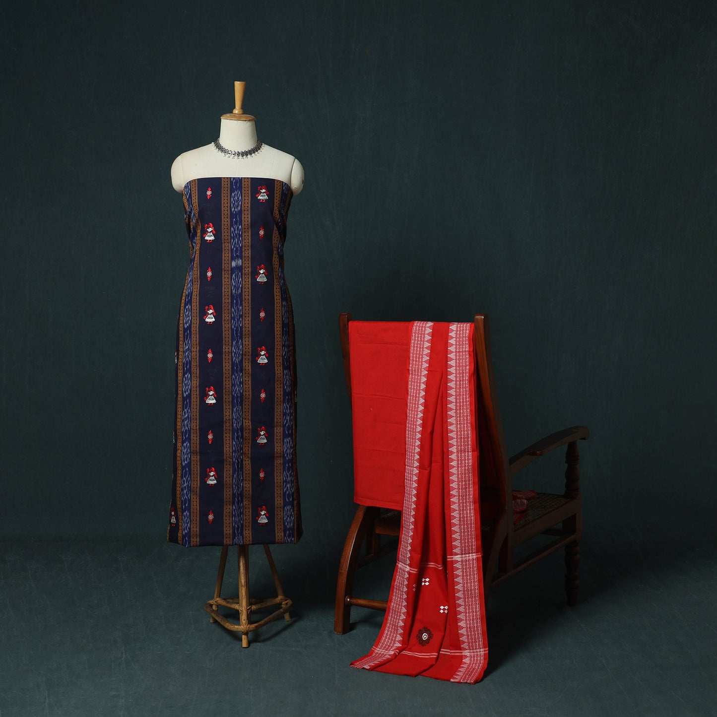 Blue - Sambalpuri Ikat Embroidered Cotton 3pc Unstitched Dress Material Suit Set 12