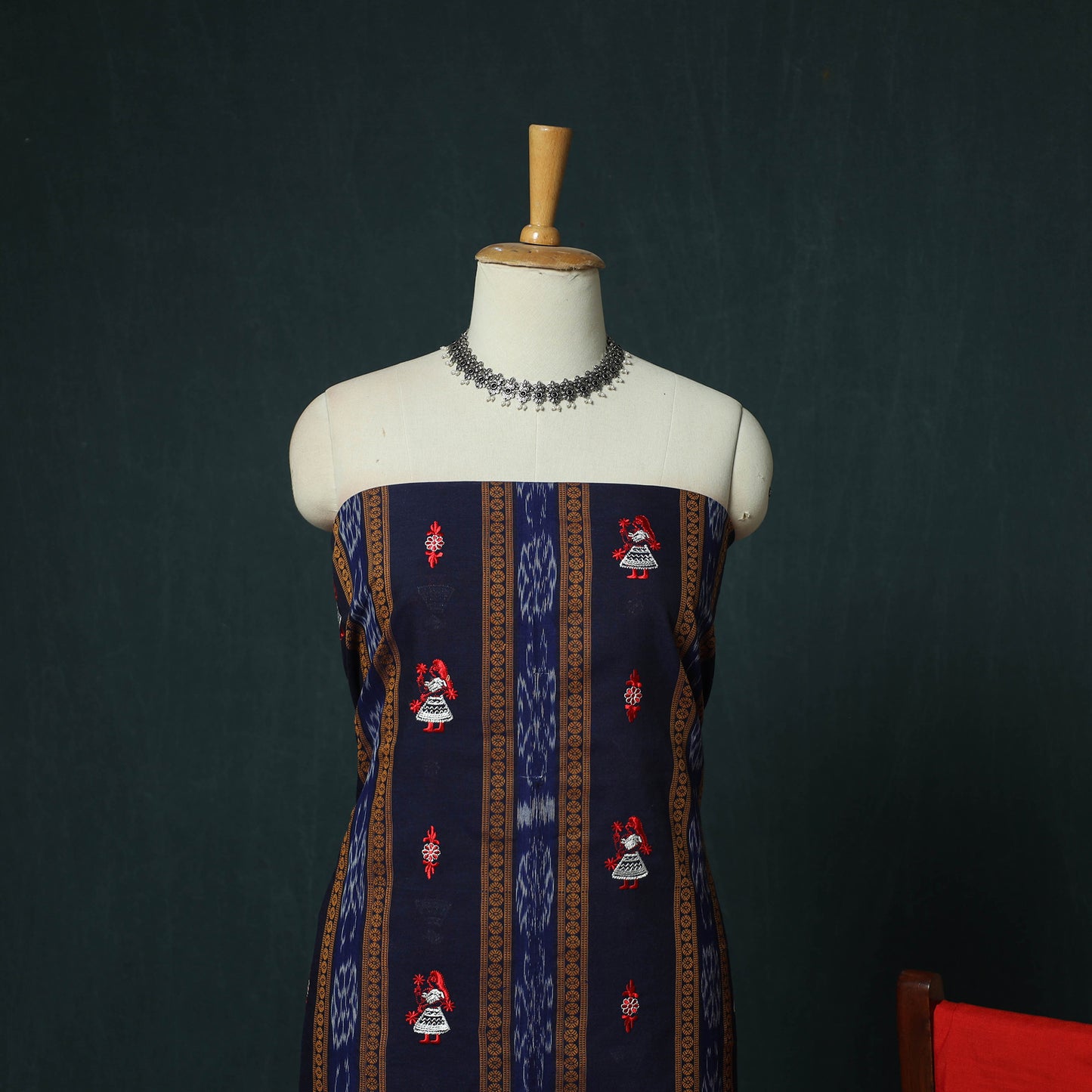 Blue - Sambalpuri Ikat Embroidered Cotton 3pc Unstitched Dress Material Suit Set 12