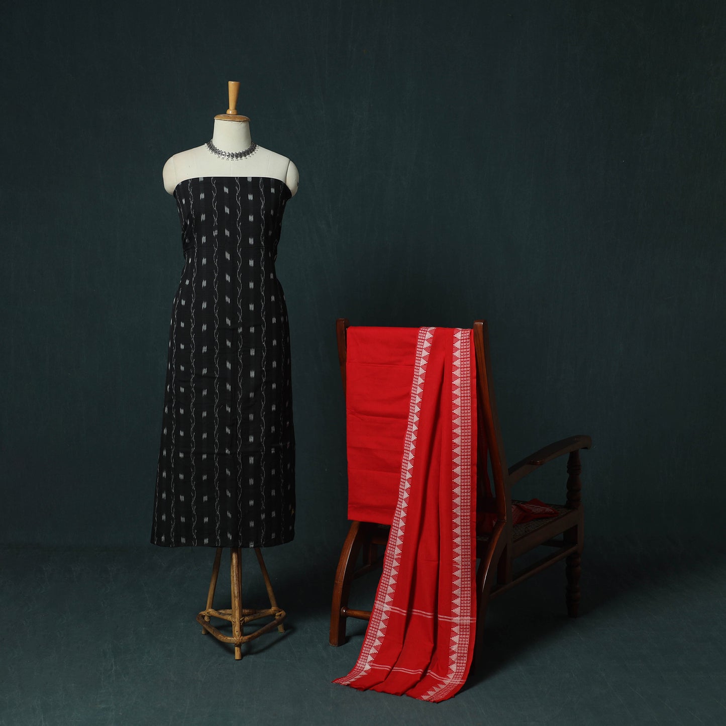 Black - Sambalpuri Ikat Cotton 3pc Unstitched Dress Material Suit Set 13