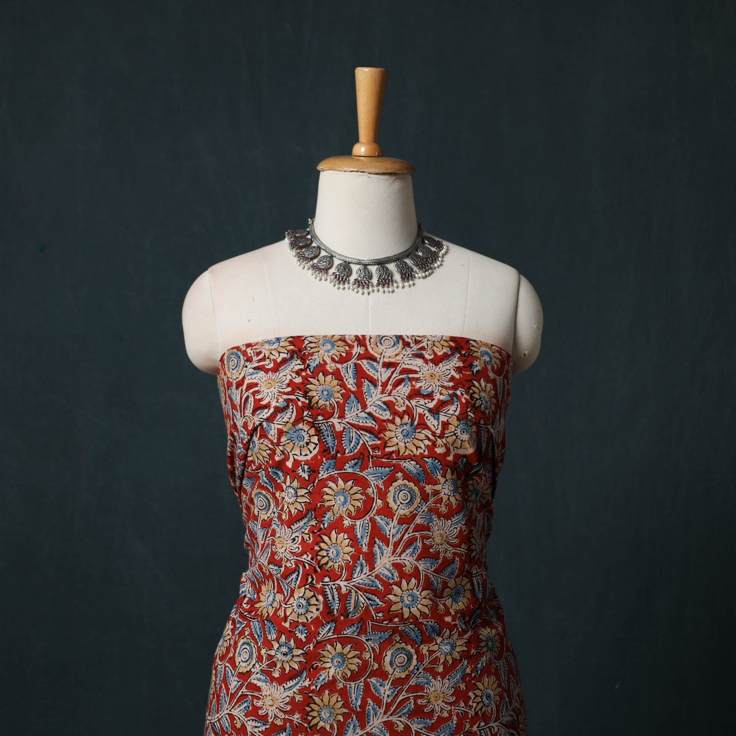 Red - Kalamkari Hand Block Print Natural Dyed Cotton 2pc Unstitched Dress Material Kurta Set 25