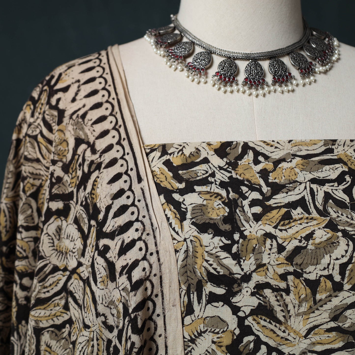 Kalamkari Hand Block Print Natural Dyed Cotton 2pc Unstitched Dress Material Kurta Set 27