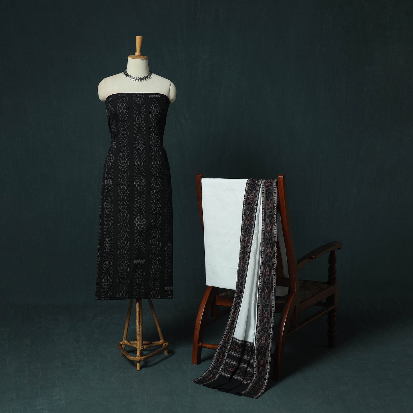 Black - Sambalpuri Ikat Cotton 3pc Unstitched Dress Material Suit Set 18