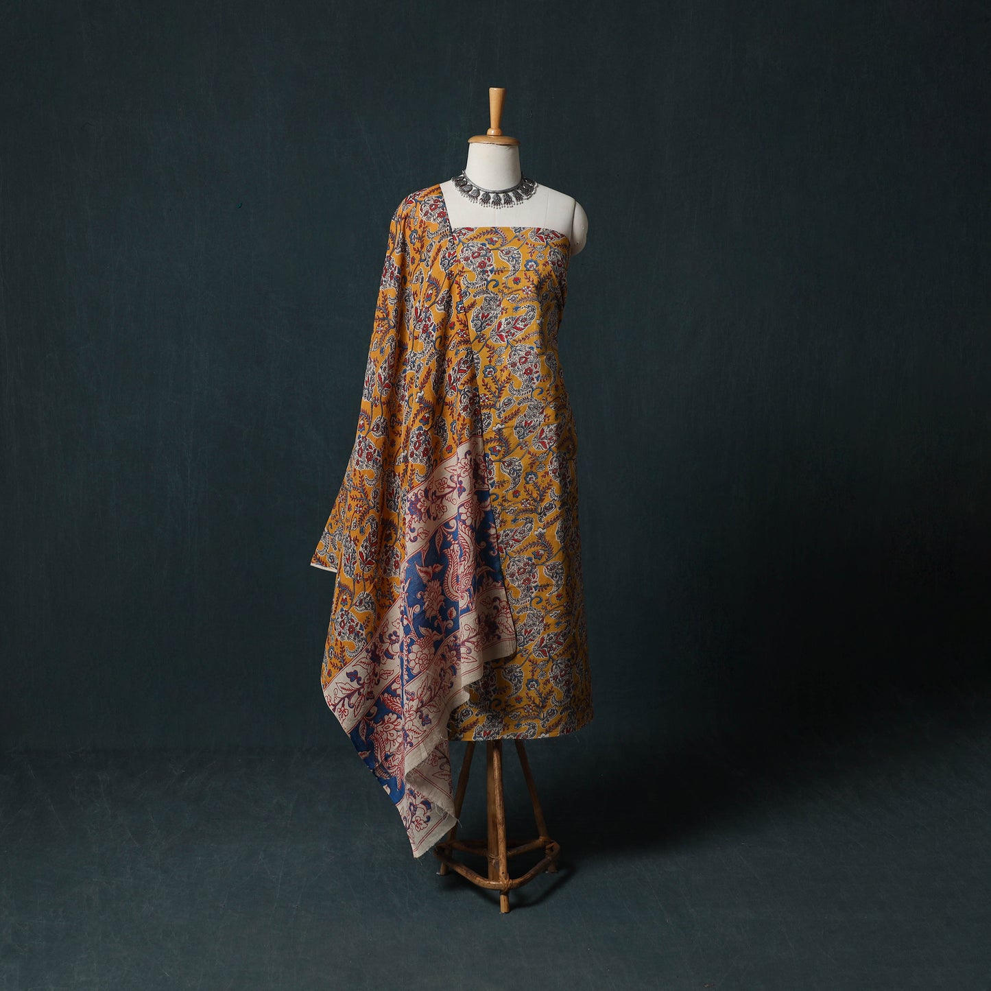 Yellow - Kalamkari Printed Cotton 2pc Unstitched Dress Material Kurta Set 03