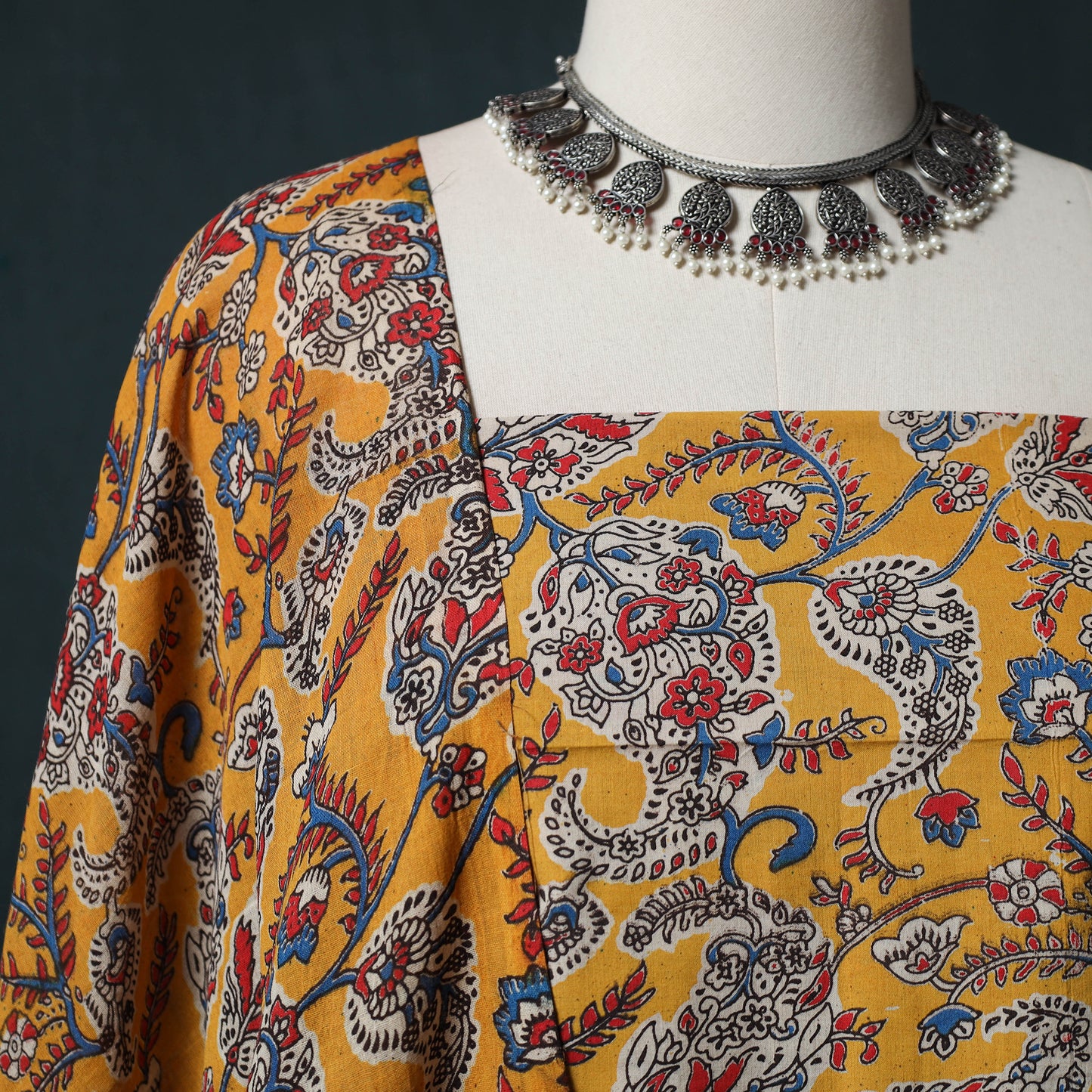 Yellow - Kalamkari Printed Cotton 2pc Unstitched Dress Material Kurta Set 03