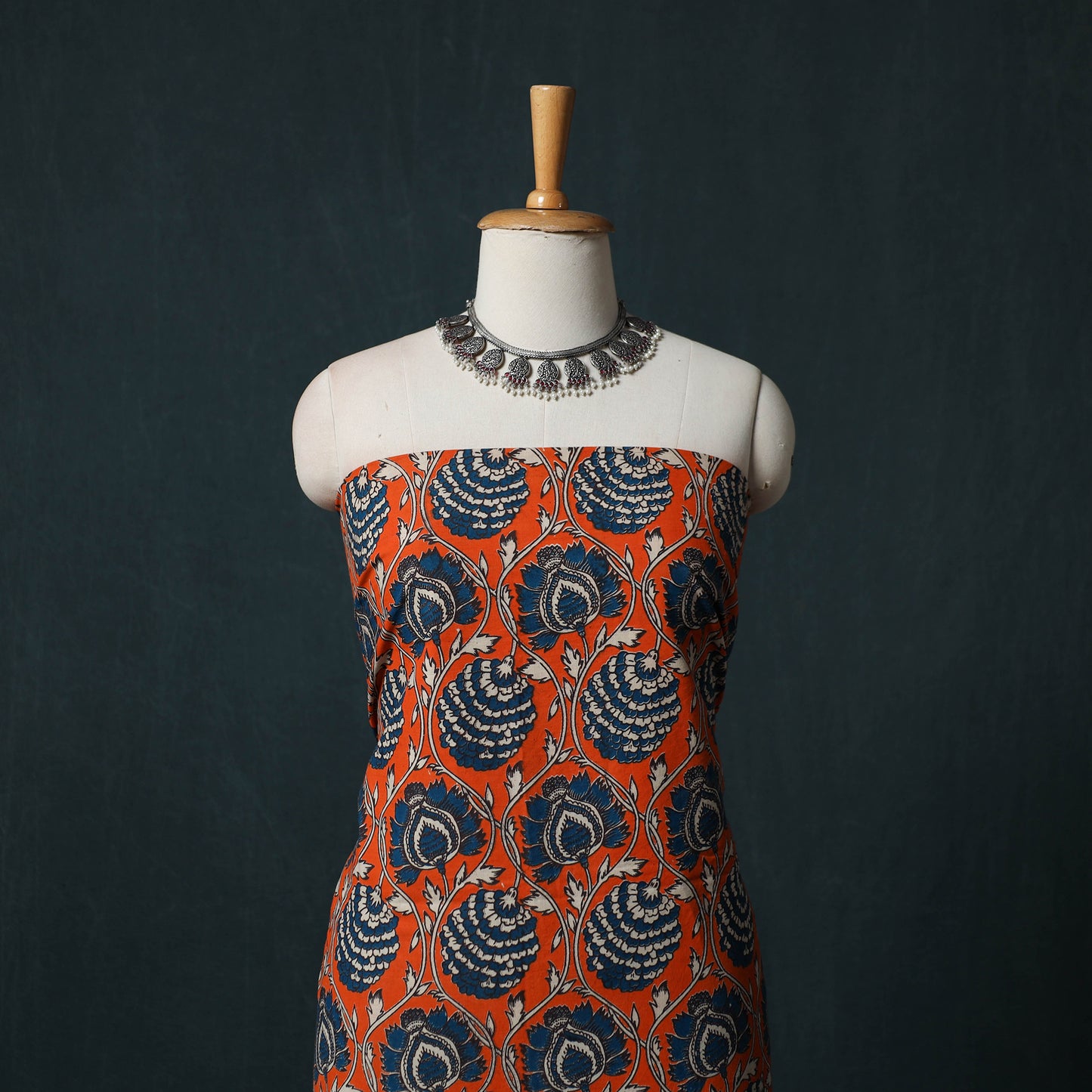 Orange - Kalamkari Printed Cotton 2pc Unstitched Dress Material Kurta Set 04