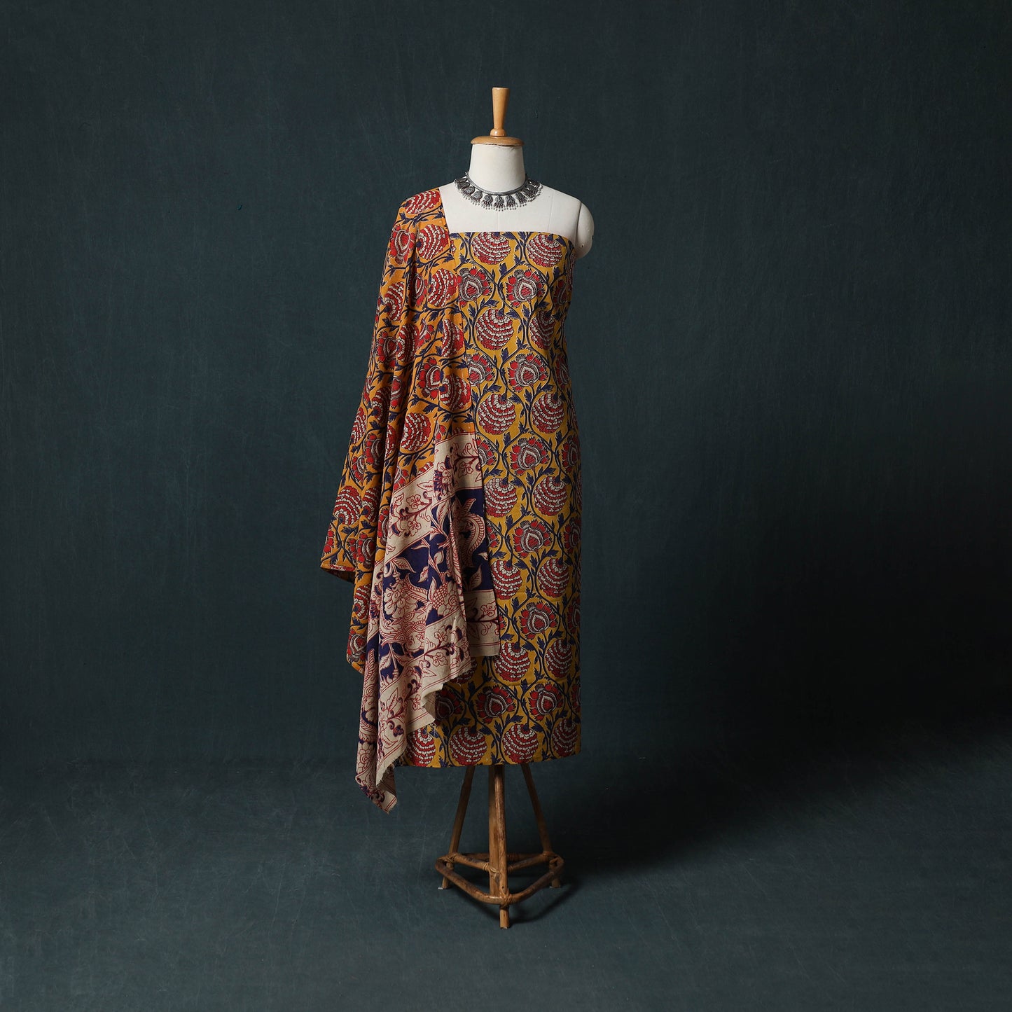 Yellow - Kalamkari Printed Cotton 2pc Unstitched Dress Material Kurta Set 05