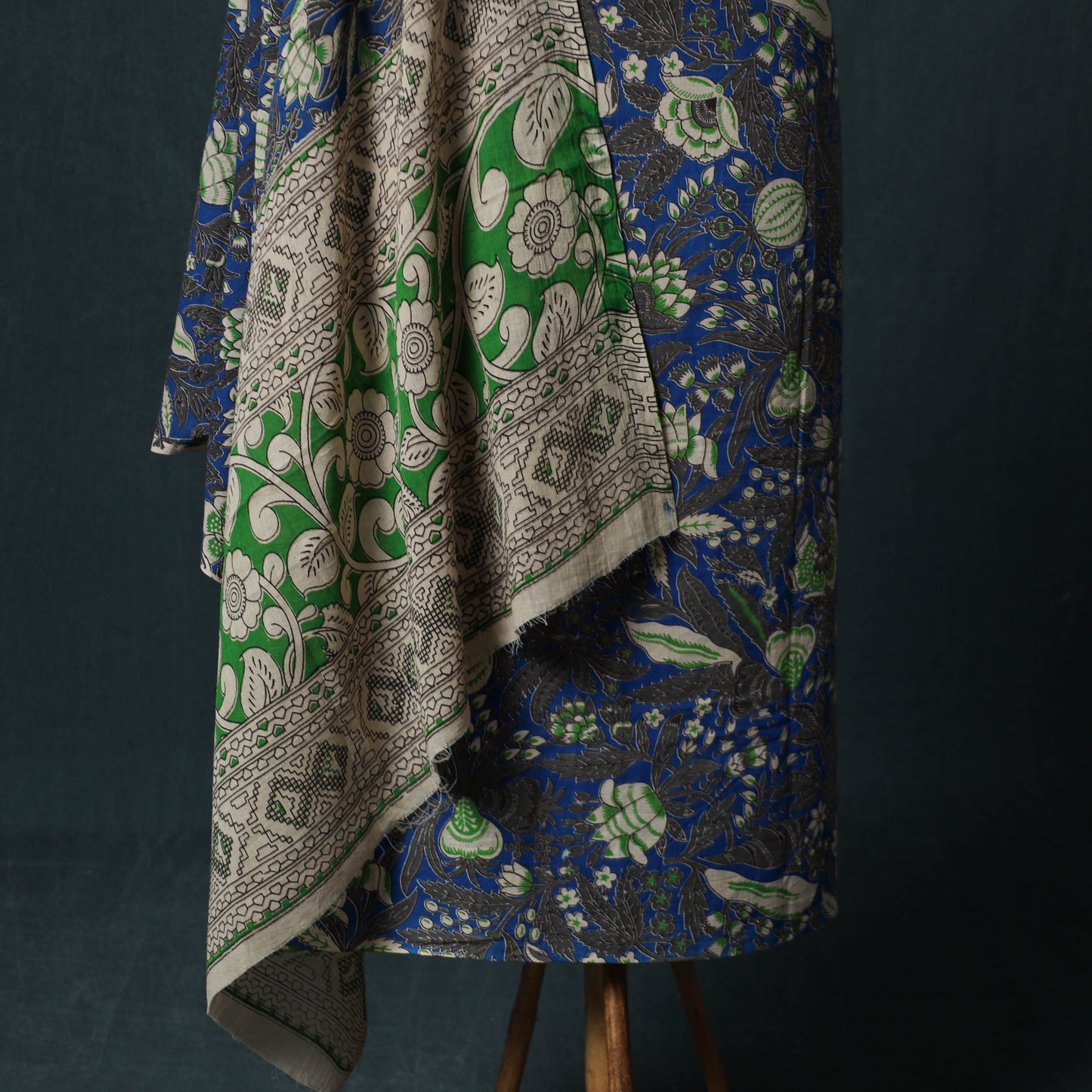 Blue - Kalamkari Printed Cotton 2pc Unstitched Dress Material Kurta Set 09