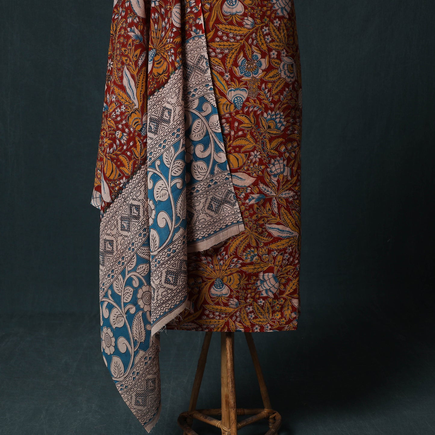 Red - Kalamkari Printed Cotton 2pc Unstitched Dress Material Kurta Set 10