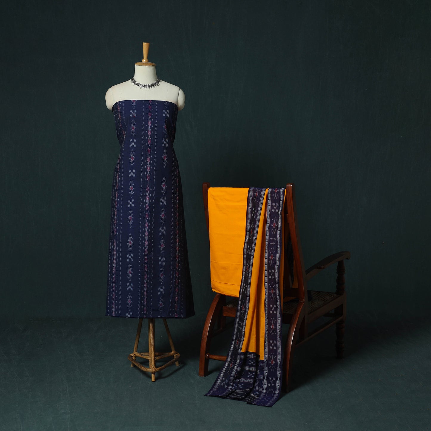 Blue - Sambalpuri Ikat Cotton 3pc Unstitched Dress Material Suit Set 25