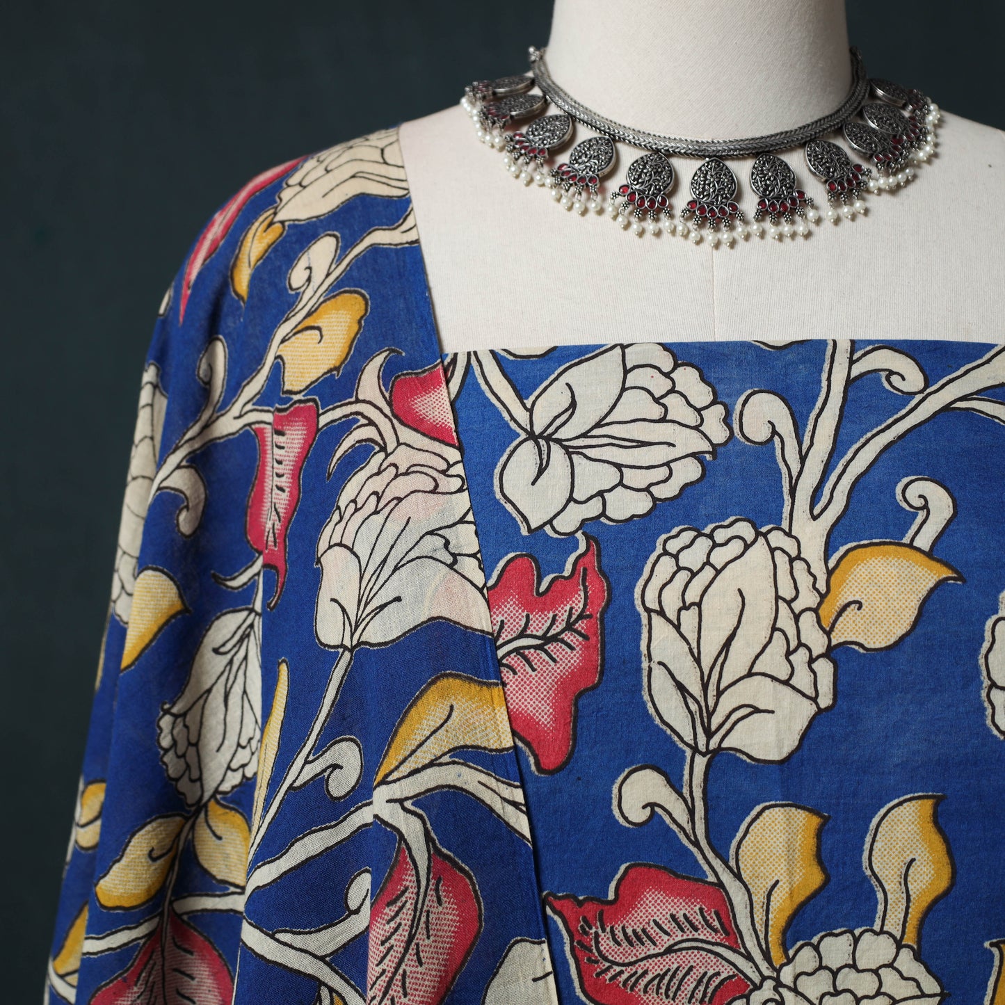Blue - Kalamkari Printed Cotton 2pc Unstitched Dress Material Kurta Set 13