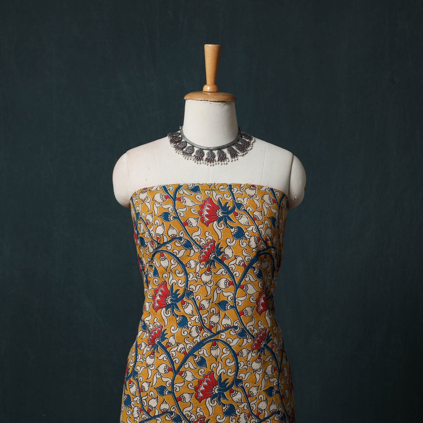 Yellow - Kalamkari Printed Cotton 2pc Unstitched Dress Material Kurta Set 14