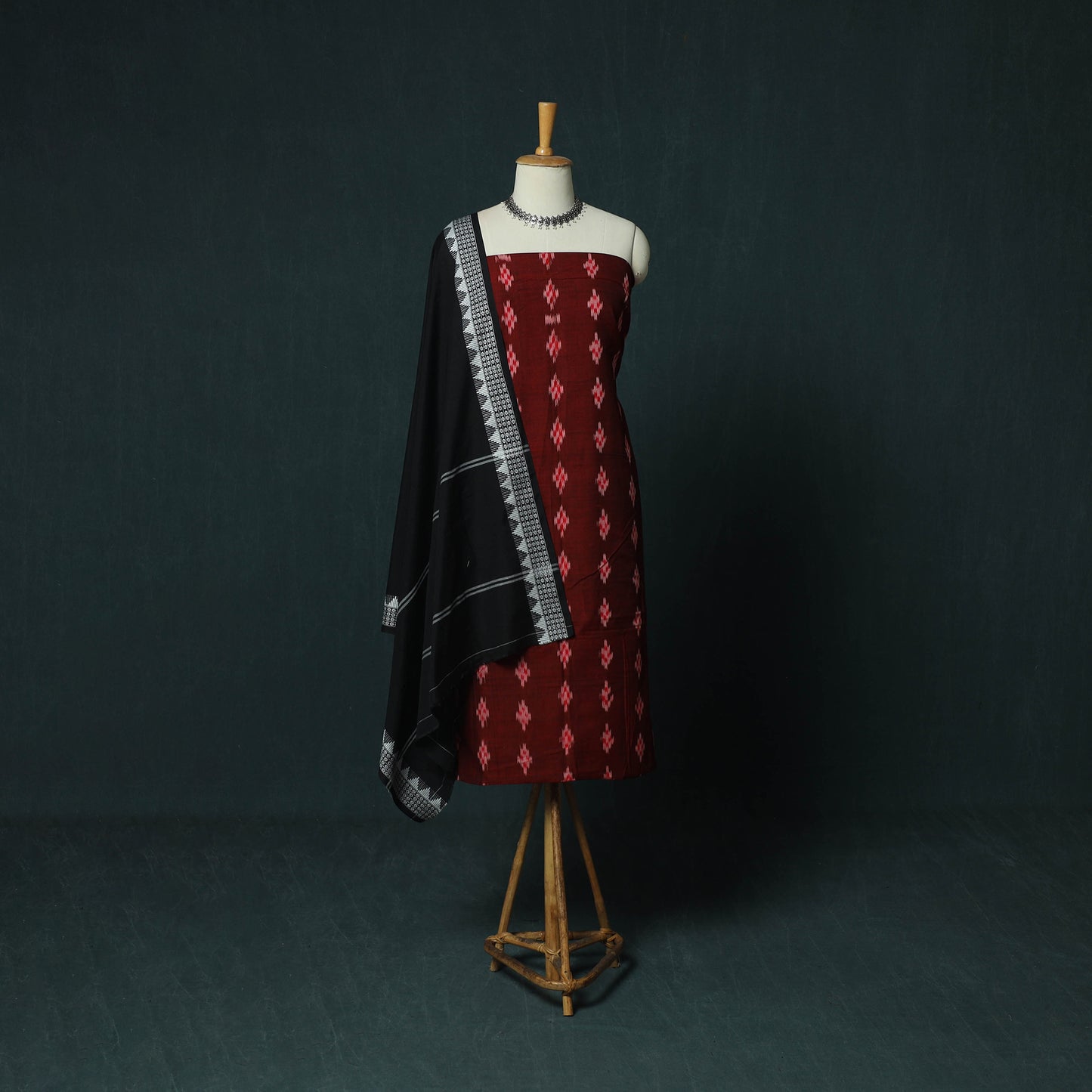 Maroon - Sambalpuri Ikat Cotton 3pc Unstitched Dress Material Suit Set 28