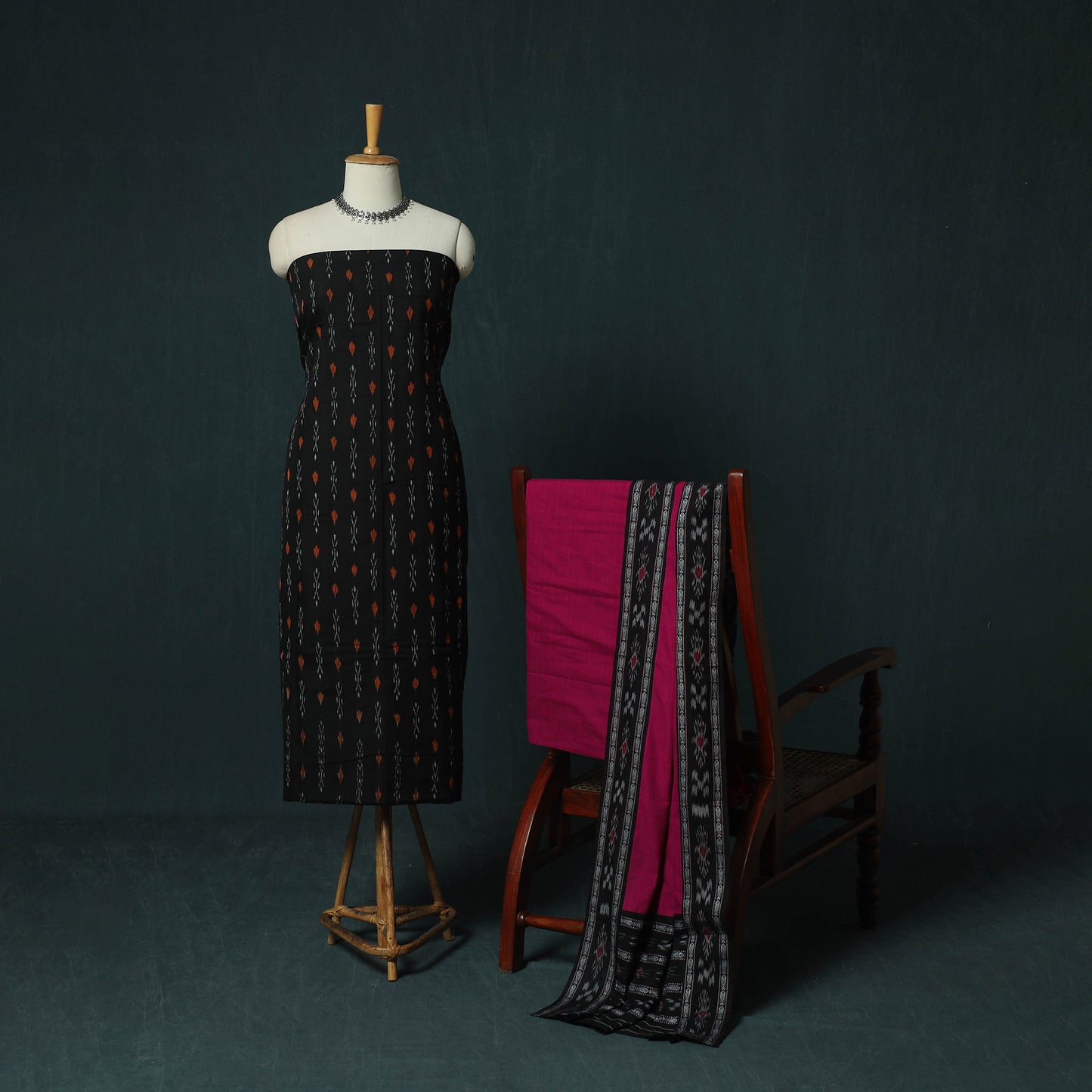 Black - Sambalpuri Ikat Cotton 3pc Unstitched Dress Material Suit Set 29