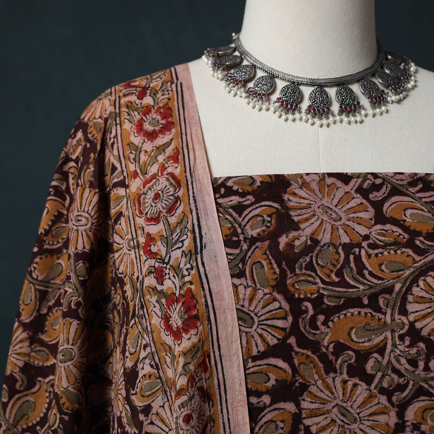 Pedana Hand Block Print Natural Dyed Cotton Kalamkari 2pc Unstitched Dress Material Kurta Set 03