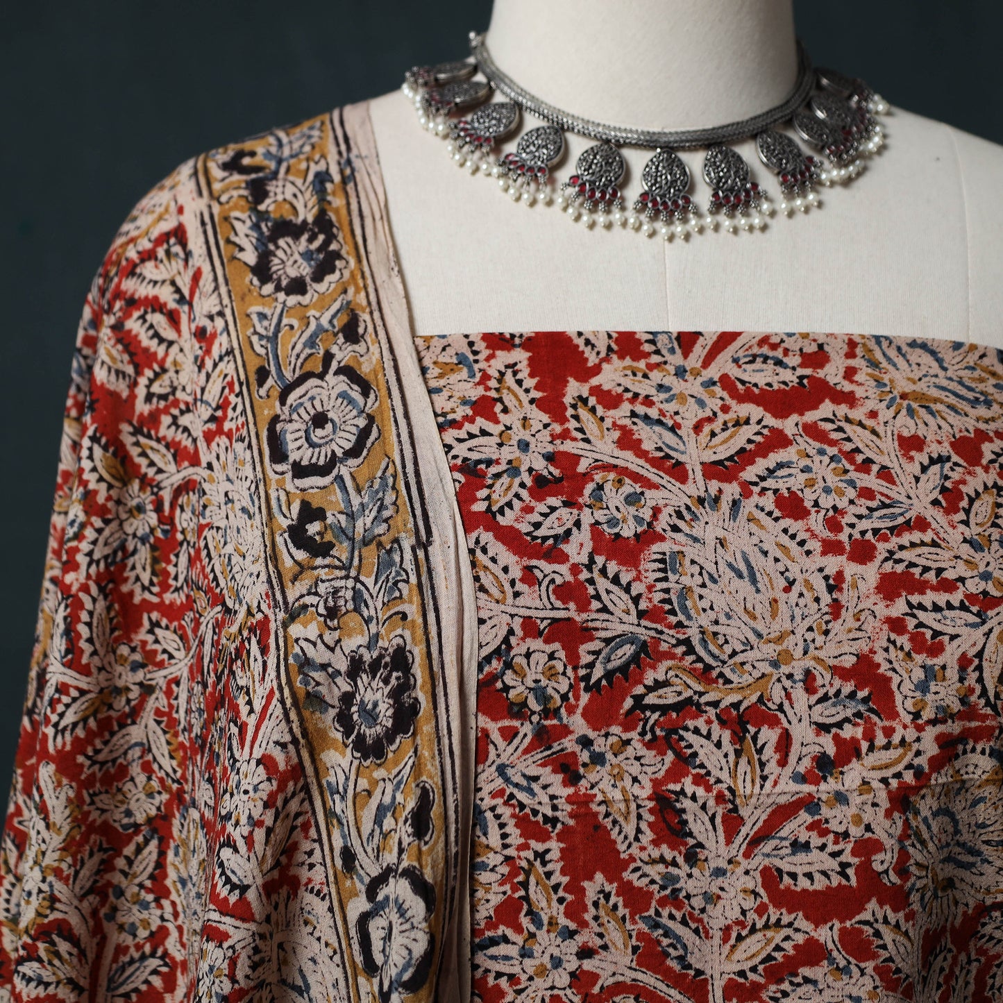 Pedana Hand Block Print Natural Dyed Cotton Kalamkari 2pc Unstitched Dress Material Kurta Set 09