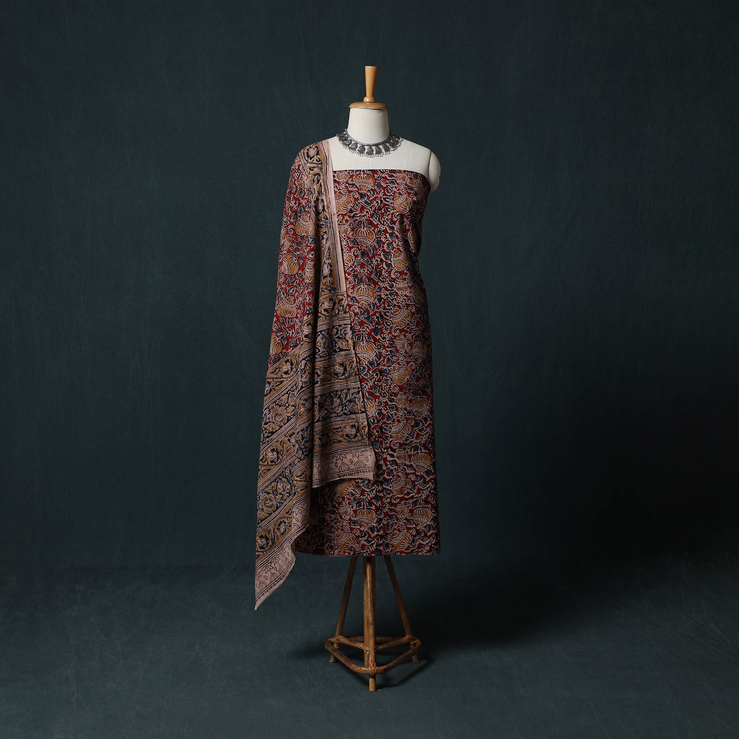 Pedana Hand Block Print Natural Dyed Cotton Kalamkari 2pc Unstitched Dress Material Kurta Set 12