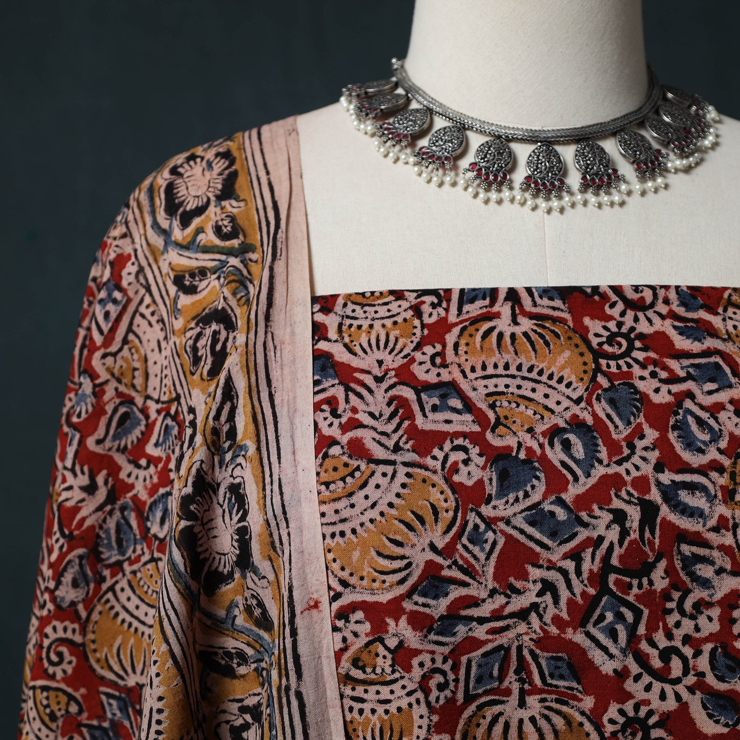 Pedana Hand Block Print Natural Dyed Cotton Kalamkari 2pc Unstitched Dress Material Kurta Set 12
