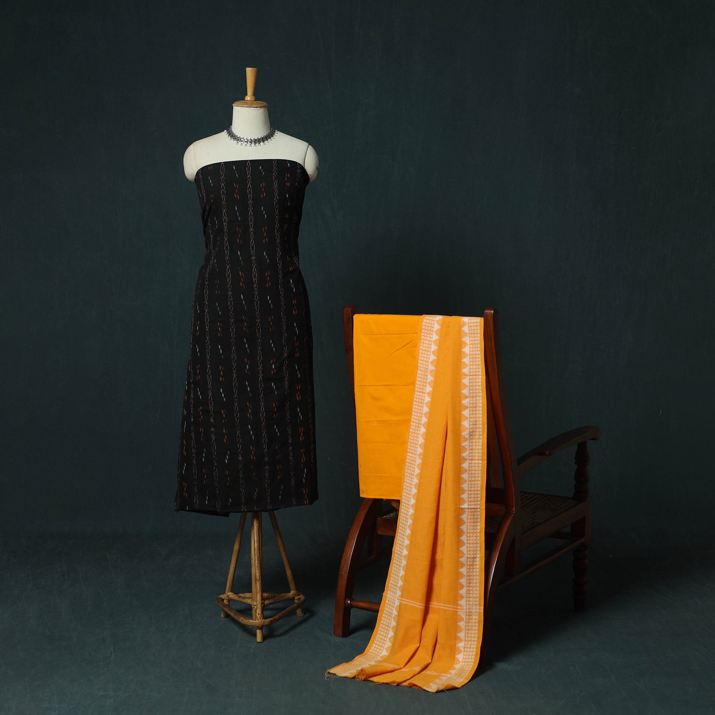 Black - Sambalpuri Ikat Cotton 3pc Unstitched Dress Material Suit Set 37