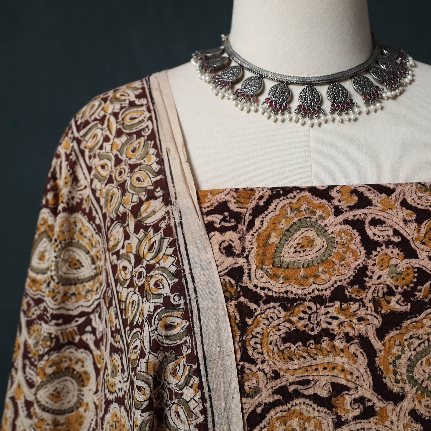 Pedana Hand Block Print Natural Dyed Cotton Kalamkari 2pc Unstitched Dress Material Kurta Set 14