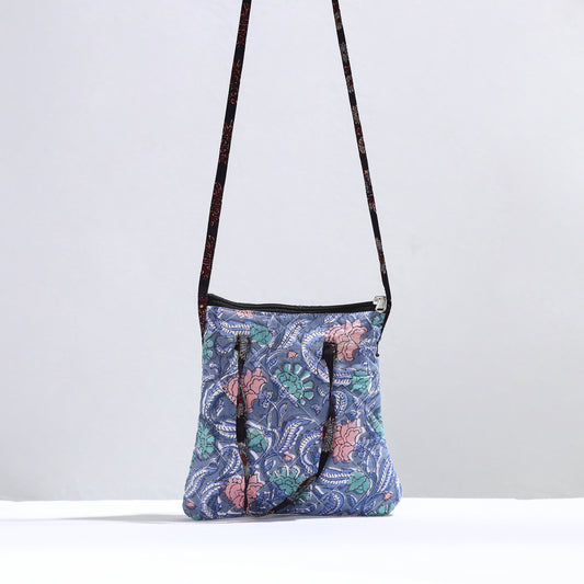 Blue - Handmade Quilted Cotton Sanganeri Block Printed Sling Bag 06