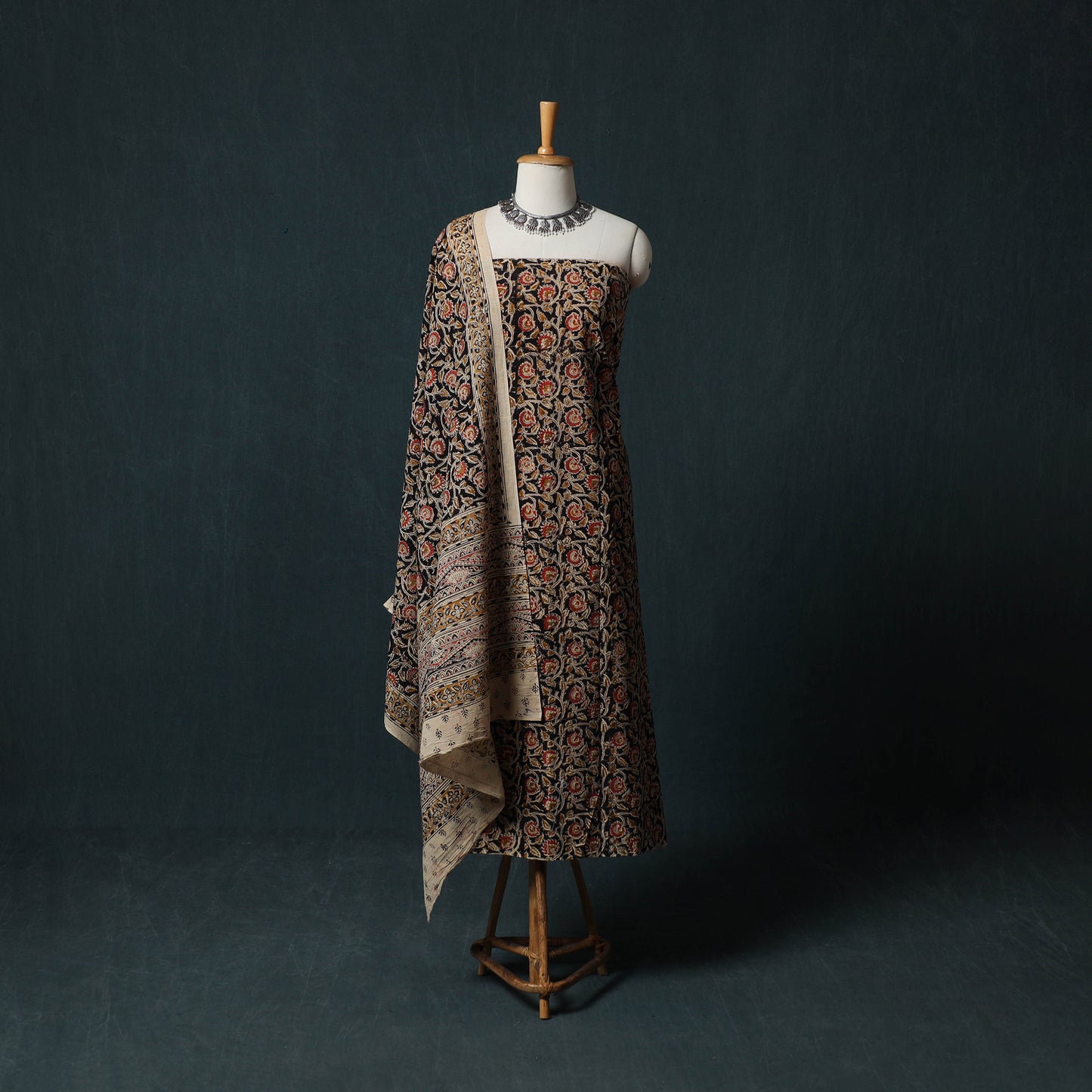 Pedana Hand Block Print Natural Dyed Cotton Kalamkari 2pc Unstitched Dress Material Kurta Set 06