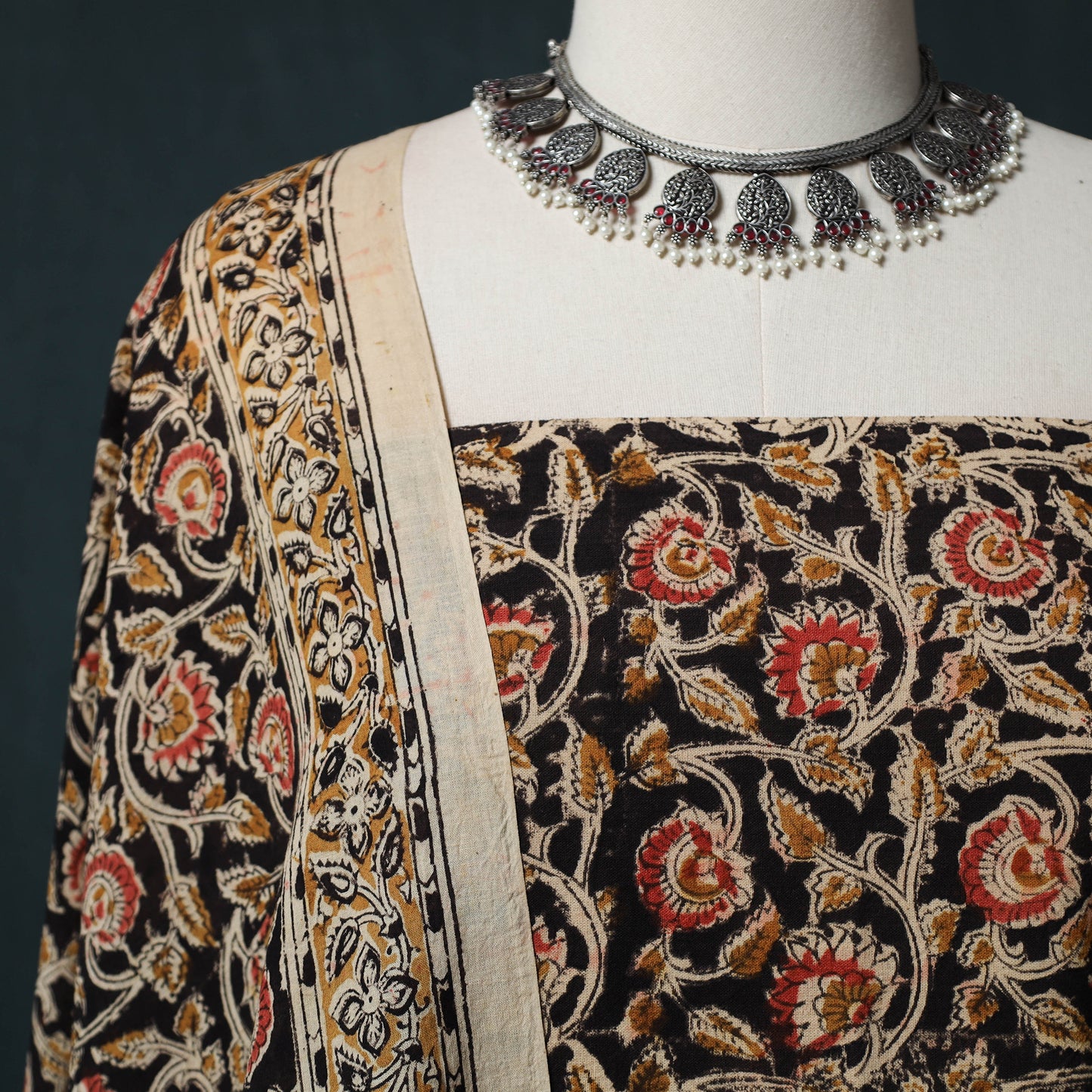 Pedana Hand Block Print Natural Dyed Cotton Kalamkari 2pc Unstitched Dress Material Kurta Set 06