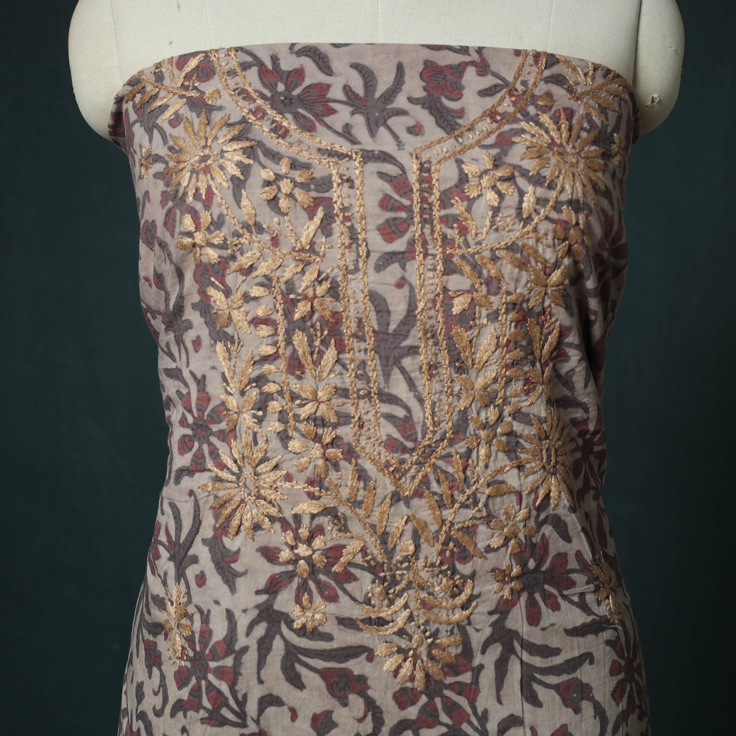 Lucknowi Chikankari Hand Embroidered Bagru Cotton Unstitched Kurta Material (2.5M) 07