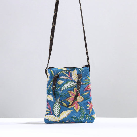 Blue - Handmade Quilted Cotton Sanganeri Block Printed Sling Bag 15