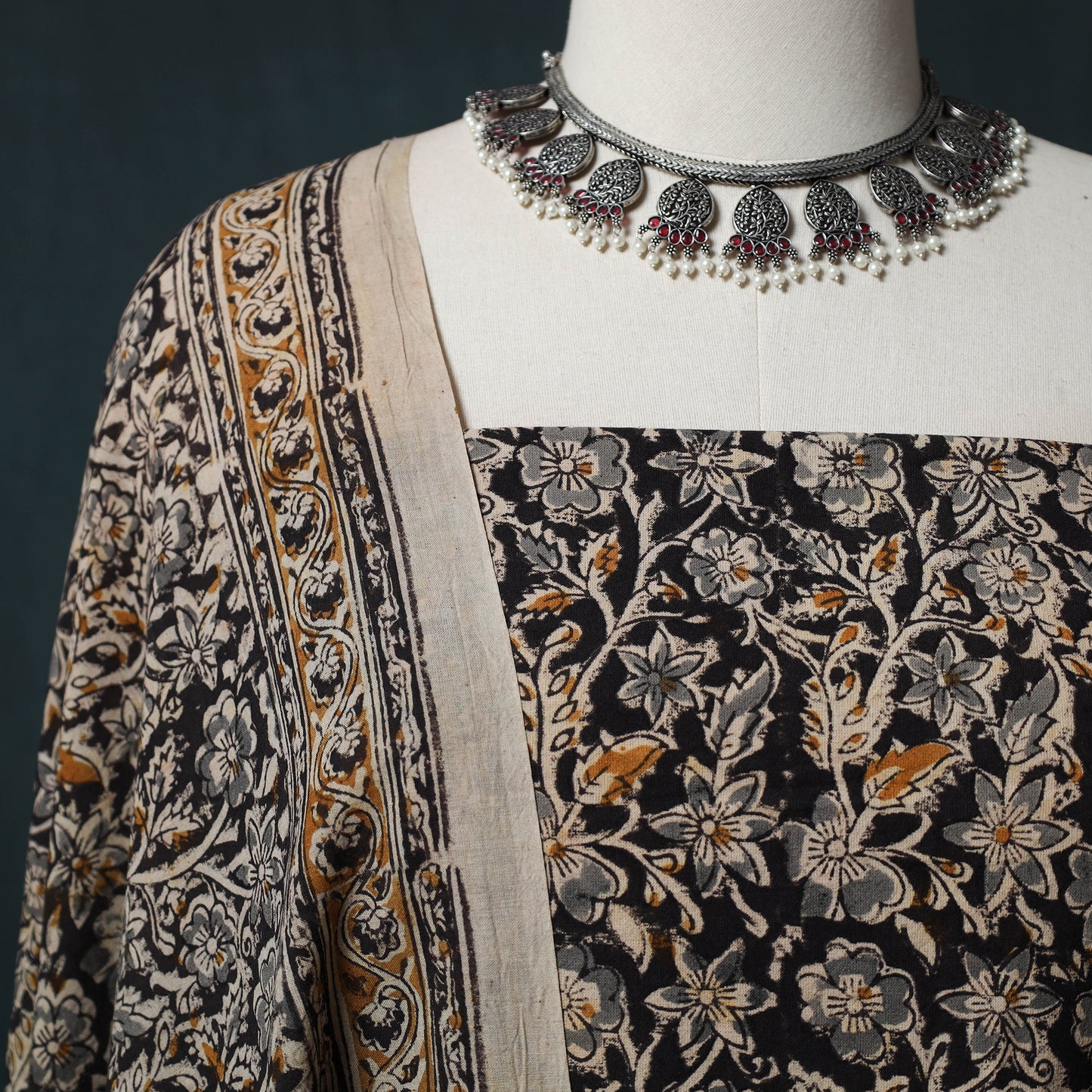 Pedana Hand Block Print Natural Dyed Cotton Kalamkari 2pc Unstitched Dress Material Kurta Set 08
