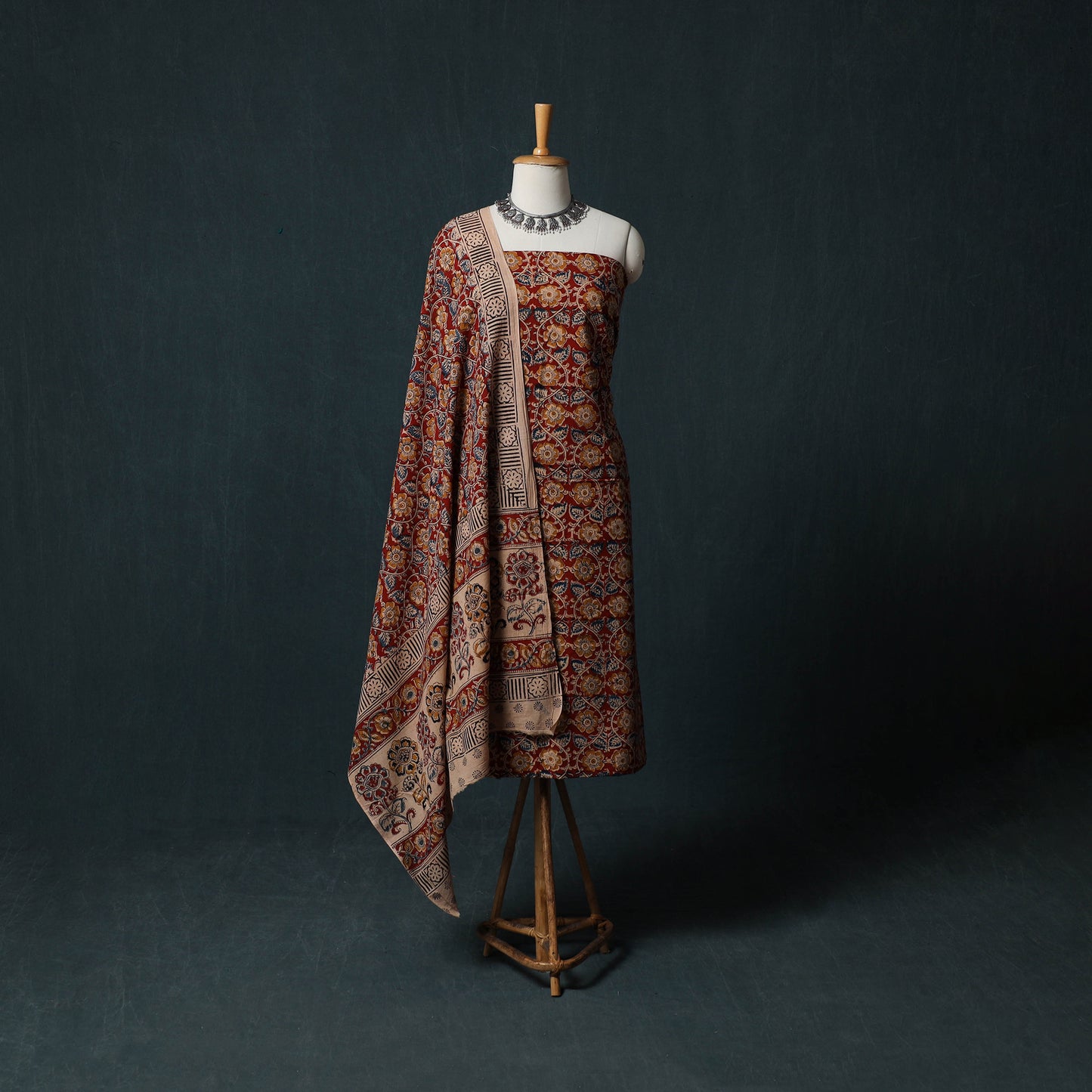 Pedana Hand Block Print Natural Dyed Cotton Kalamkari 2pc Unstitched Dress Material Kurta Set 09